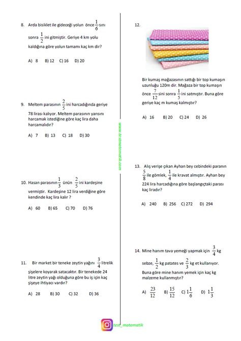 6 sınıf matematik kesirler problemleri ve çözümleri pdf